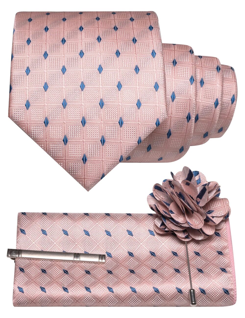 3703 Plaid Checkered Rose Gold Ties Necktie and Pocket Square with Tie Clip